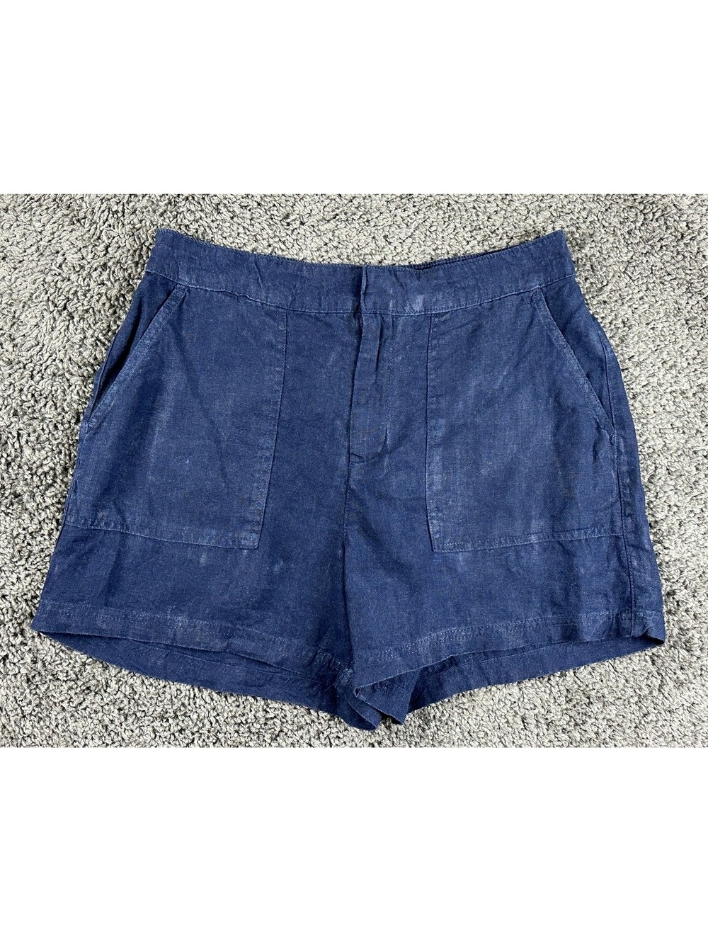 Nicole Miller New York 100% Linen Shorts M Navy Blue Patch Pocket Elastic Waist